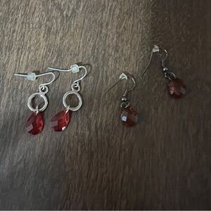 Lot Of 2 Dangle Earrings Plastic Bead Silver Tone Red Reddish Brown Fashion